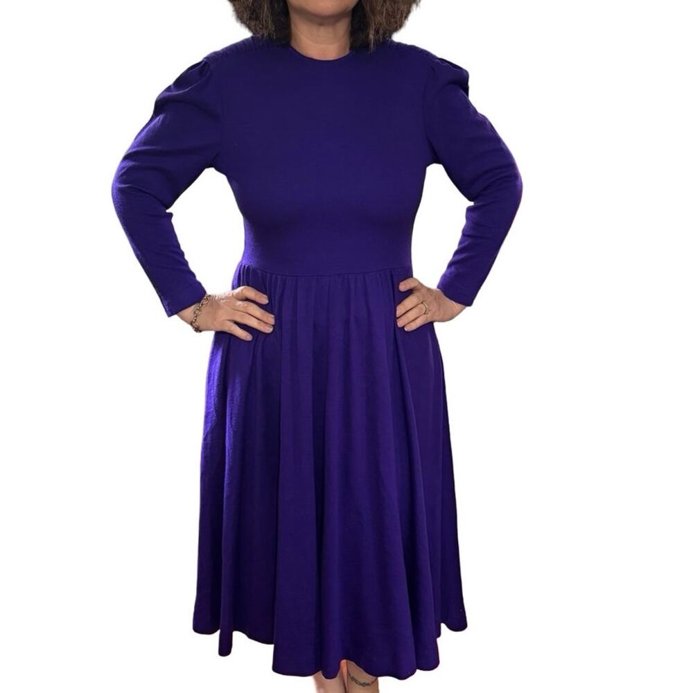 Vintage 80s 90s Expo Purple Pleated Midi Dress Shoulder Pads Size 12 Whimsy Goth - Picture 3 of 6